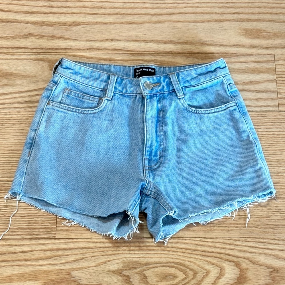 FRANK AND OAK light wash high waisted mini jeans shorts